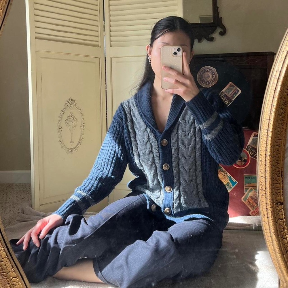 Heartloom button up knit cardigan in navy and grey